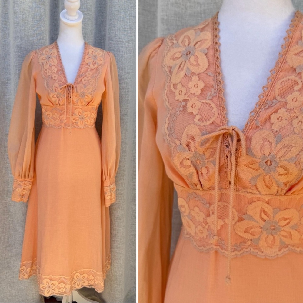 1950's long sleeve floral lace light cotton dress in a peach orange pink color